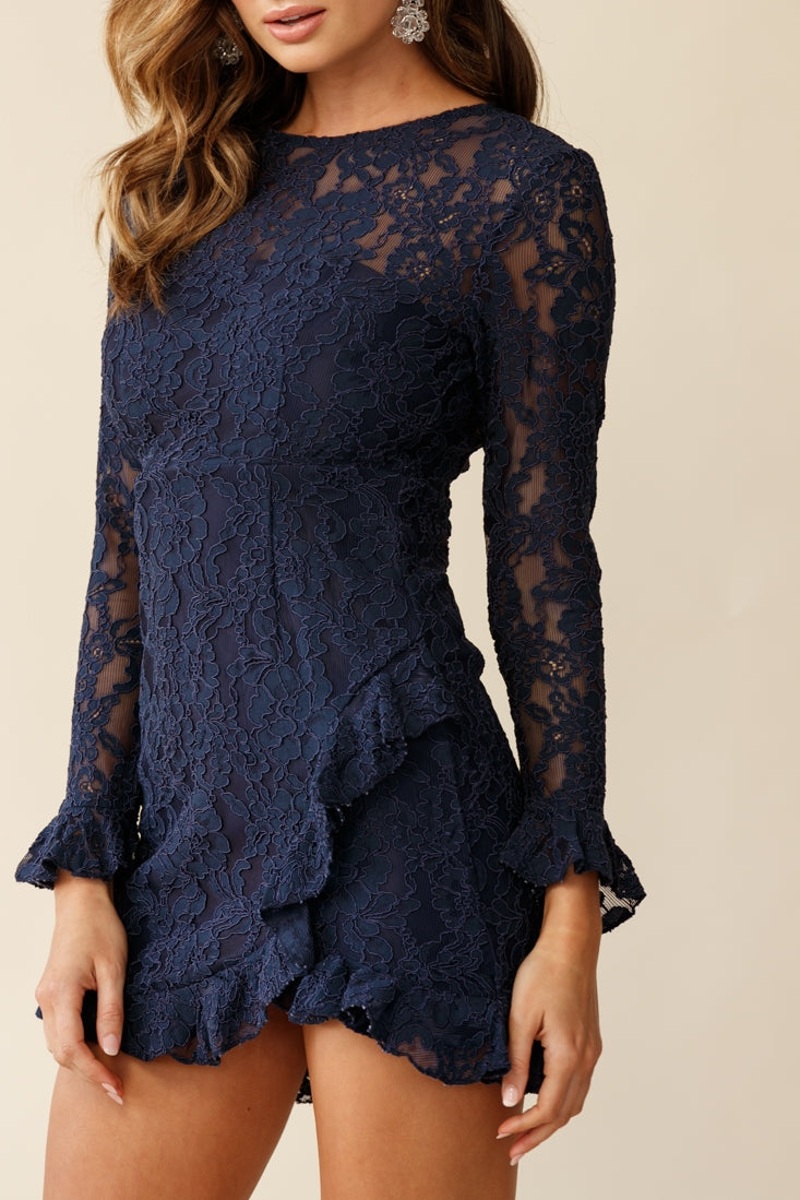 Tilly Lace Overlay Ruffle Trimmed Back Dress Navy-Maymioy