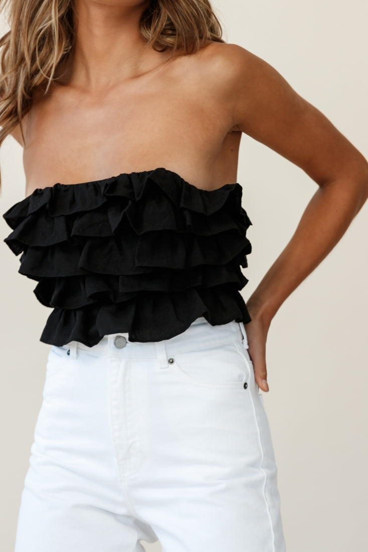 Talulah Layered Ruffle Lace-Up Back Crop Top Black-Maymioy