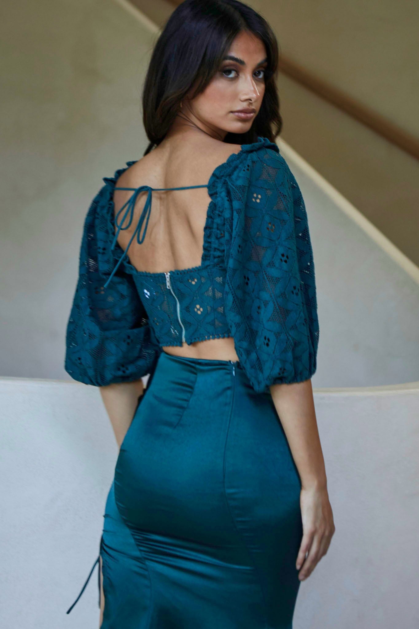 Talk About Me Puff Half Sleeve Circle Trim Crop Top Forest Green-Maymioy