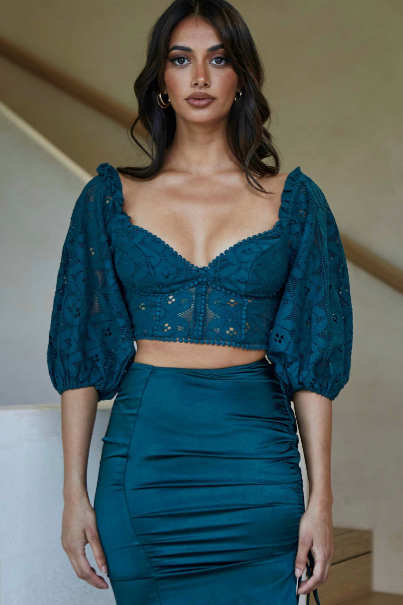 Talk About Me Puff Half Sleeve Circle Trim Crop Top Forest Green-Maymioy