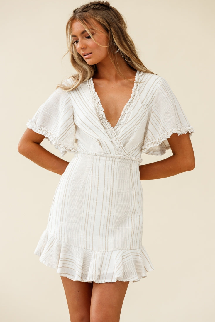 Ochre Open Back Bow Detail Dress Stripe Pattern White/Mocha-Maymioy