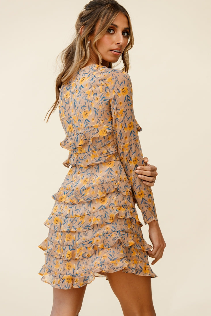 Charmaine Long Sleeve Tiered Frill Dress Floral Print Mocha-Maymioy
