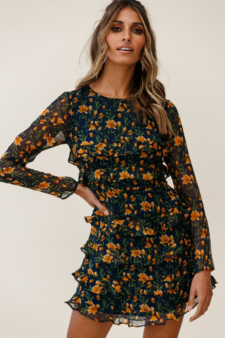 Charmaine Long Sleeve Tiered Frill Dress Floral Print Navy-Maymioy
