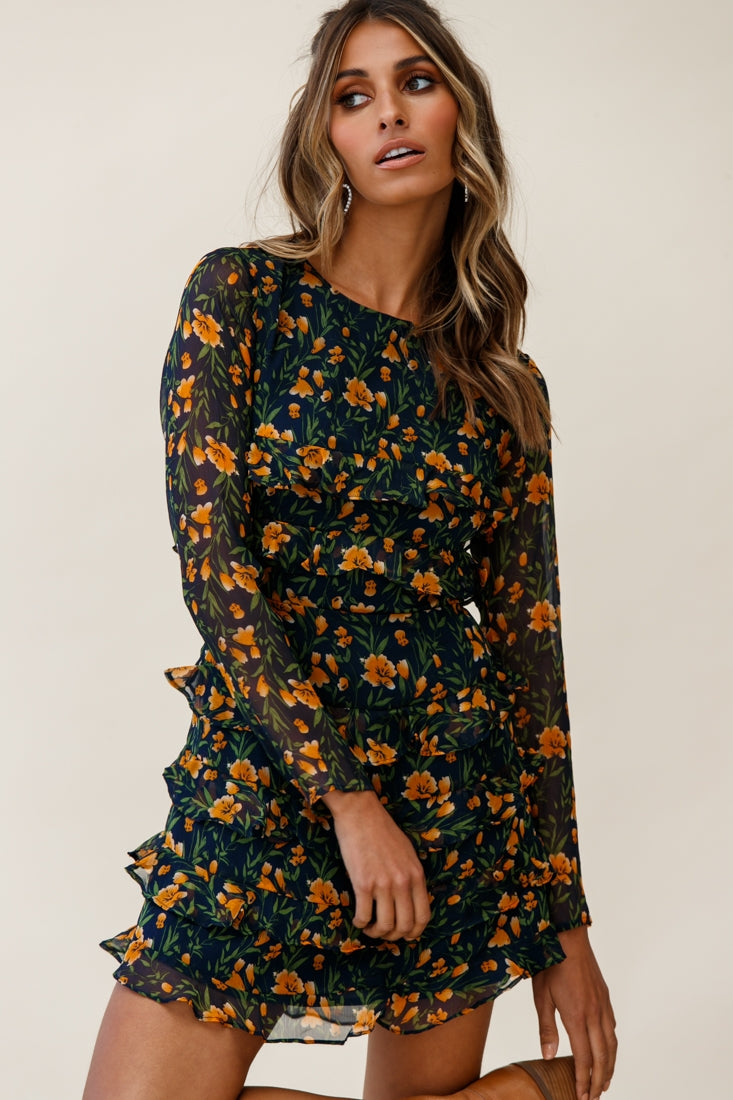 Charmaine Long Sleeve Tiered Frill Dress Floral Print Navy-Maymioy