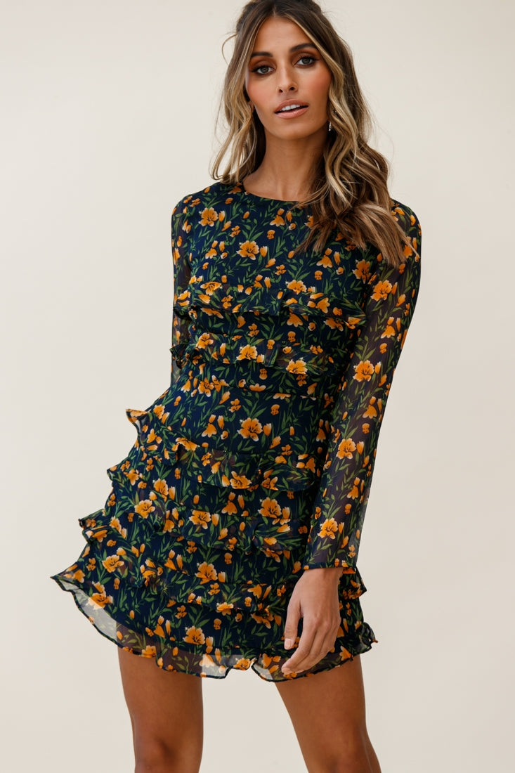 Charmaine Long Sleeve Tiered Frill Dress Floral Print Navy-Maymioy