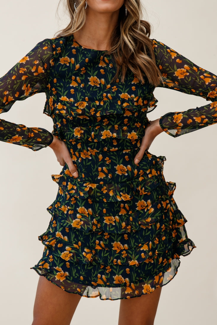 Charmaine Long Sleeve Tiered Frill Dress Floral Print Navy-Maymioy