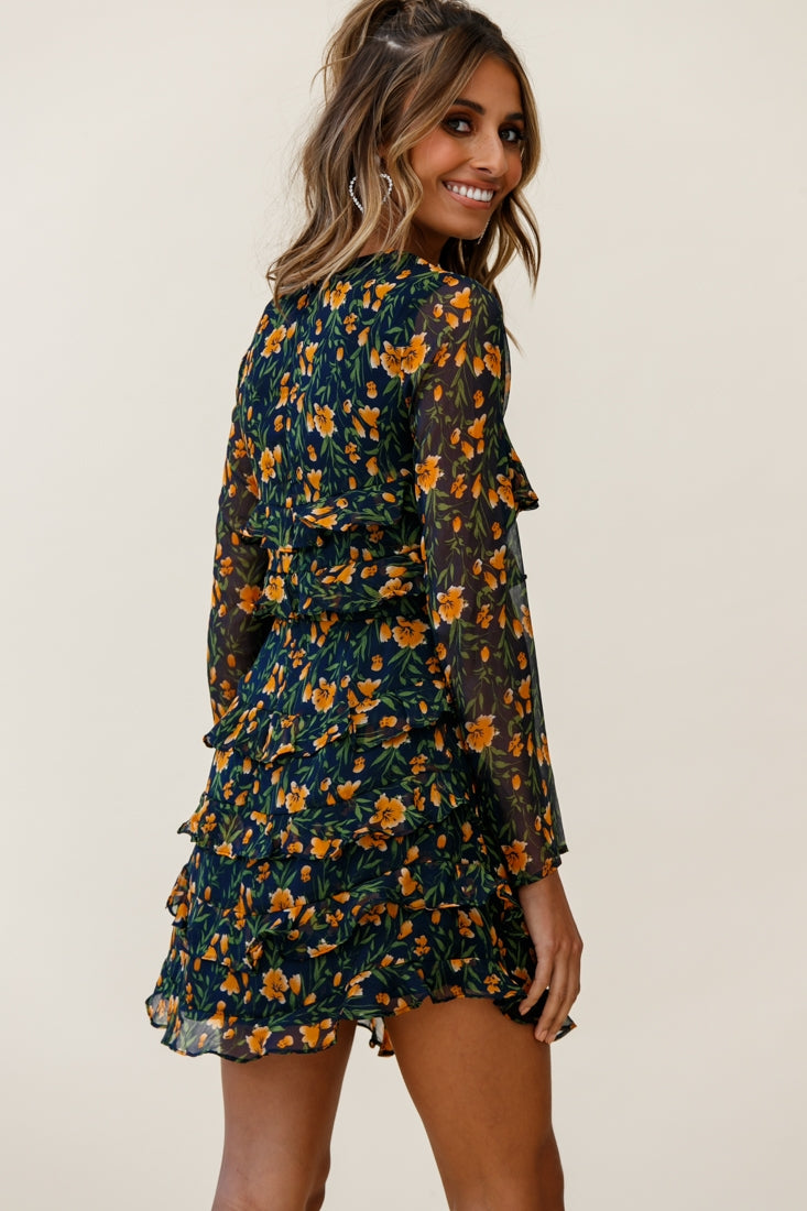 Charmaine Long Sleeve Tiered Frill Dress Floral Print Navy-Maymioy