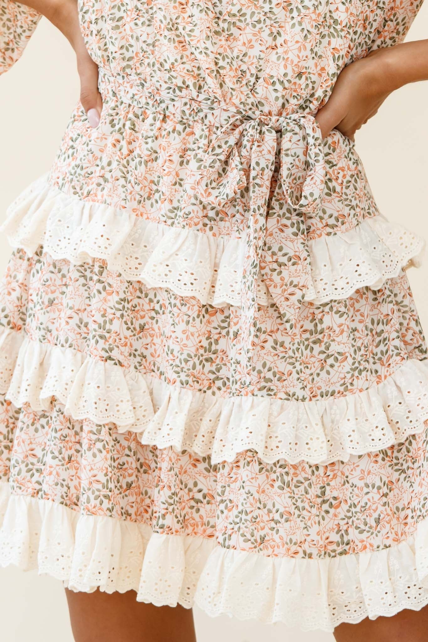 Tulsa 3/4 Sleeve Waist Tie Frill Dress Floral Print Nude-Maymioy
