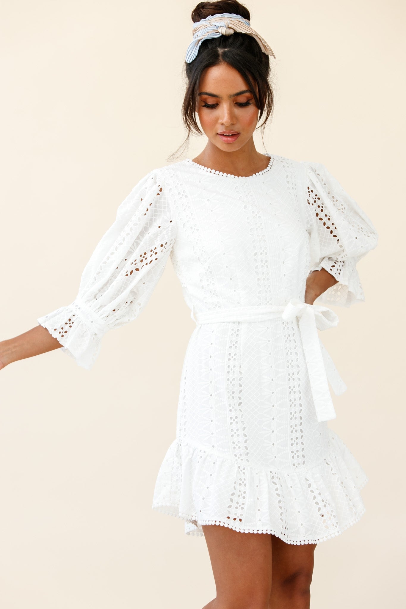 Sweet Sunshine Cut-Out Back Embroidery Dress White-Maymioy