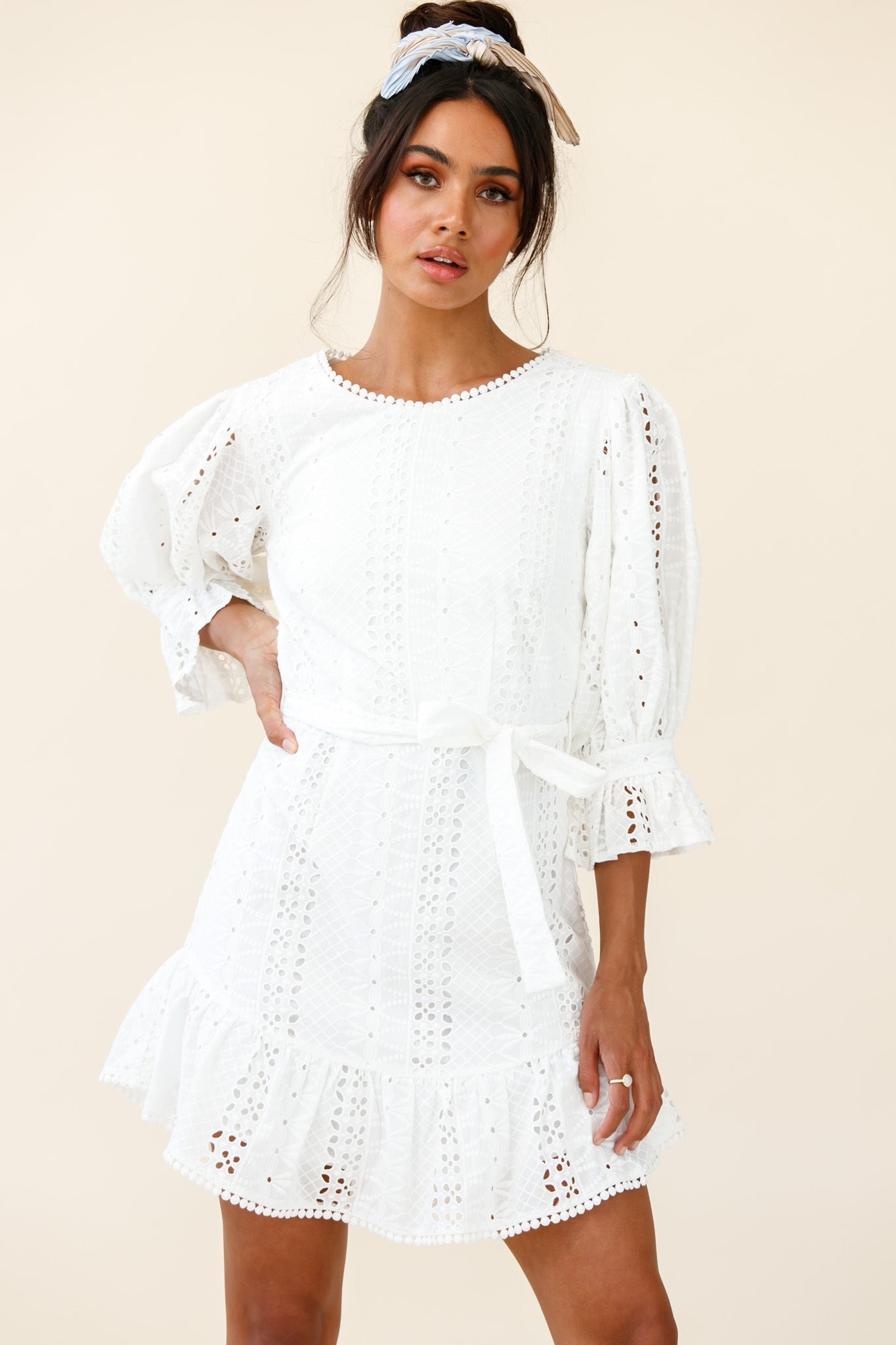 Sweet Sunshine Cut-Out Back Embroidery Dress White-Maymioy