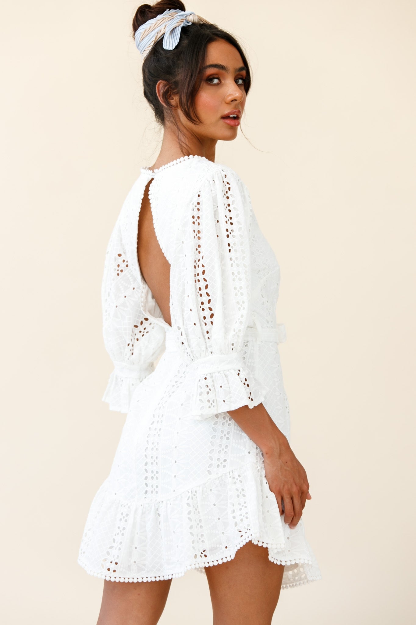 Sweet Sunshine Cut-Out Back Embroidery Dress White-Maymioy