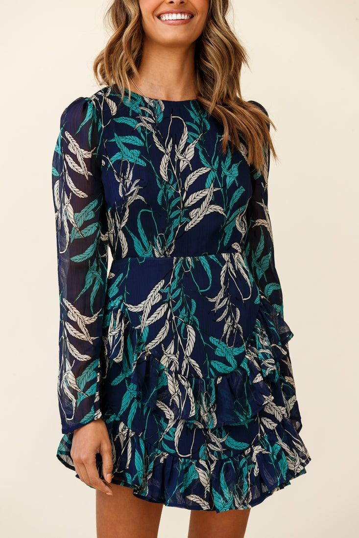 Liz Long Sleeve Double Ruffle Dress Leaf Print Navy-Maymioy
