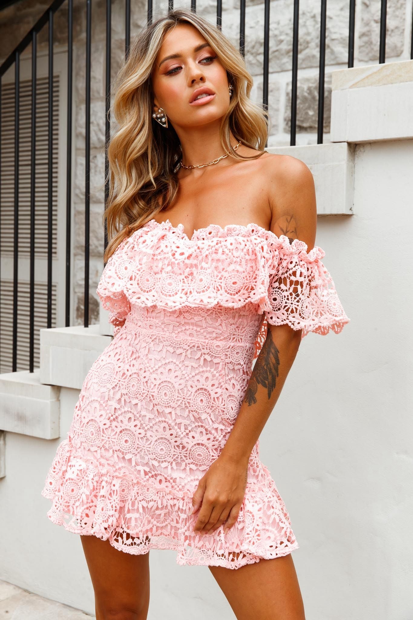 Mykonos Off-Shoulder Crochet Lace Dress Pink-Maymioy
