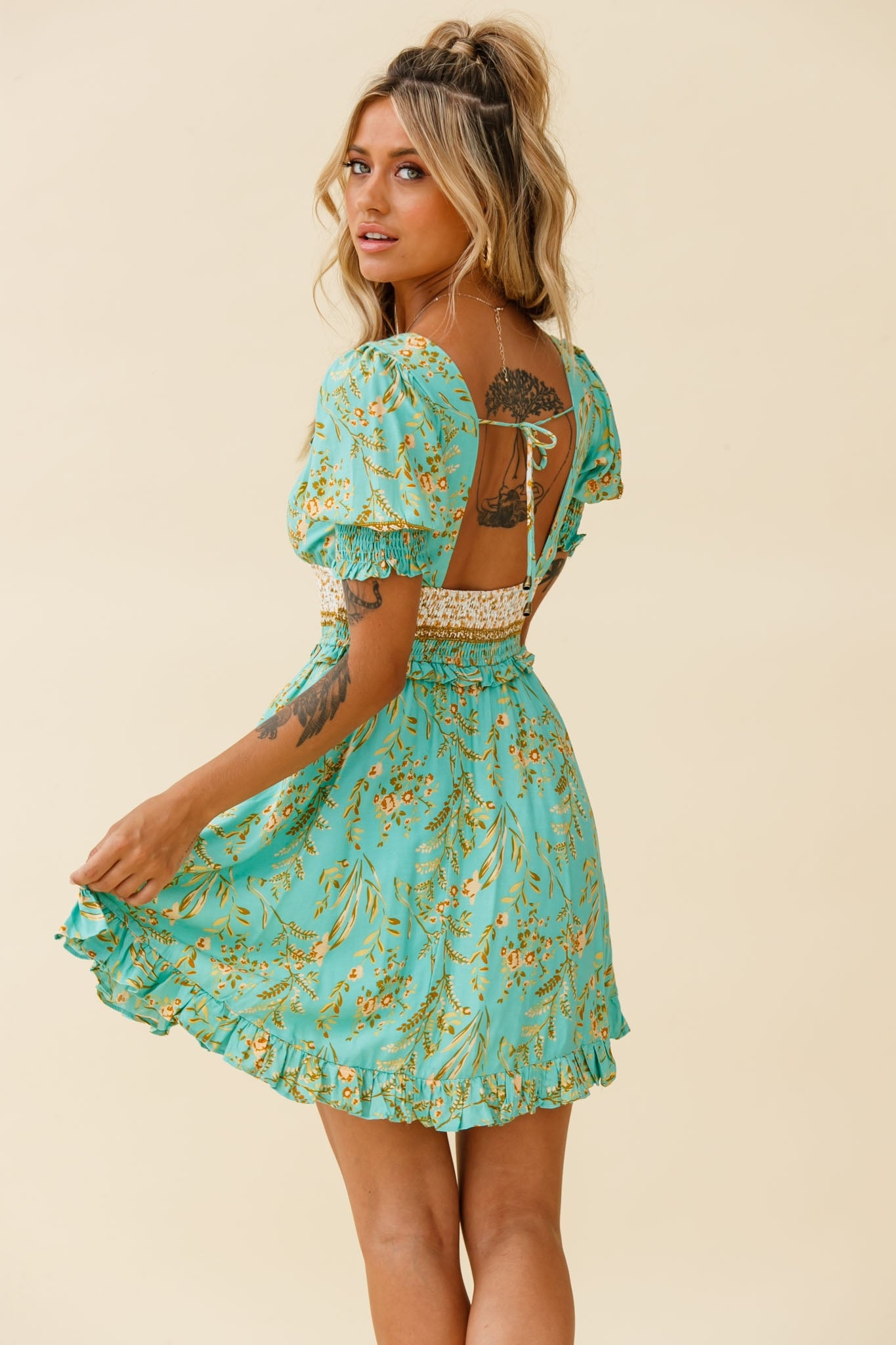 Summer In Paris Puff Sleeve Open Back Dress Botanical Print Mint-Maymioy