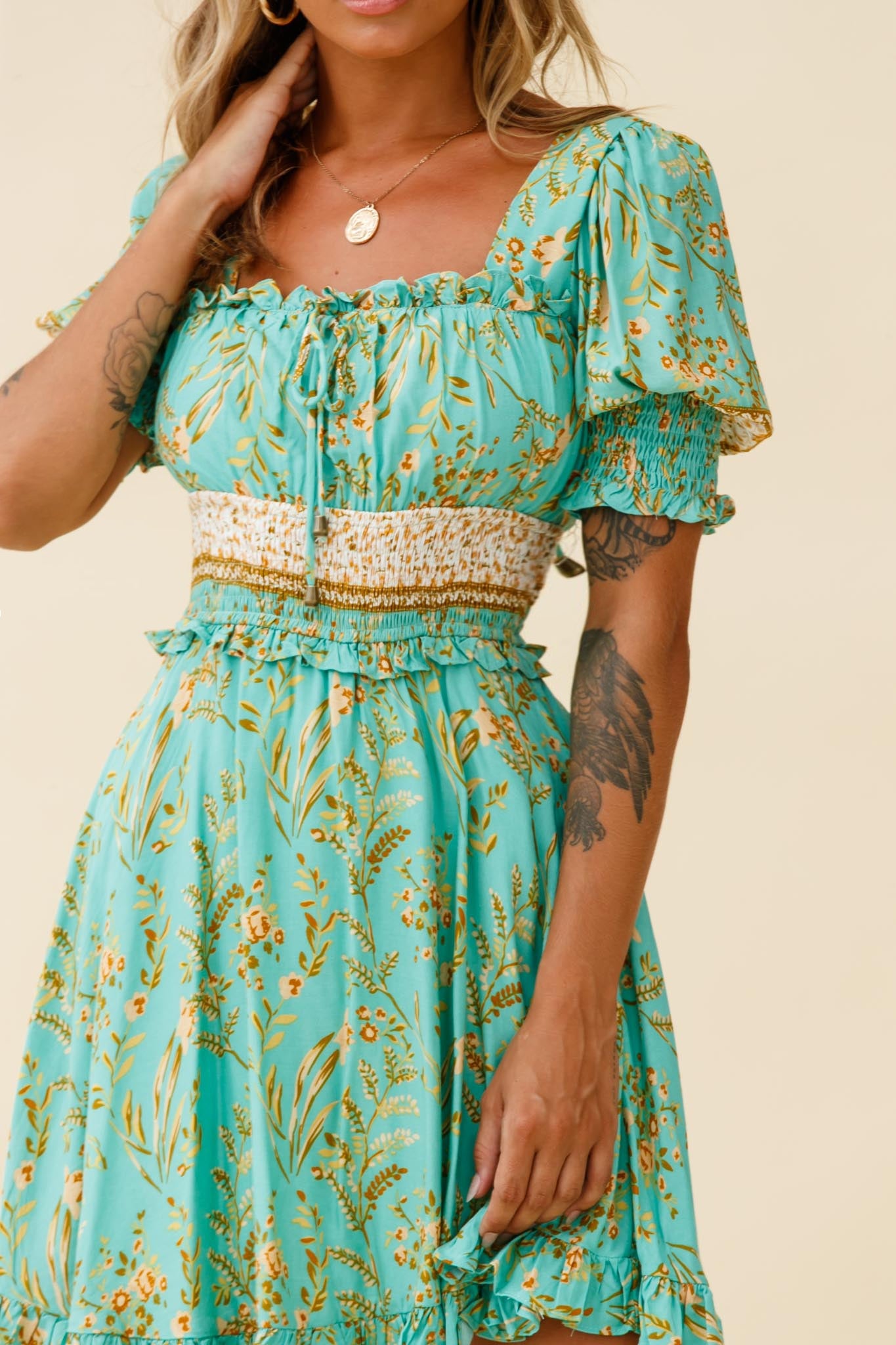 Summer In Paris Puff Sleeve Open Back Dress Botanical Print Mint-Maymioy