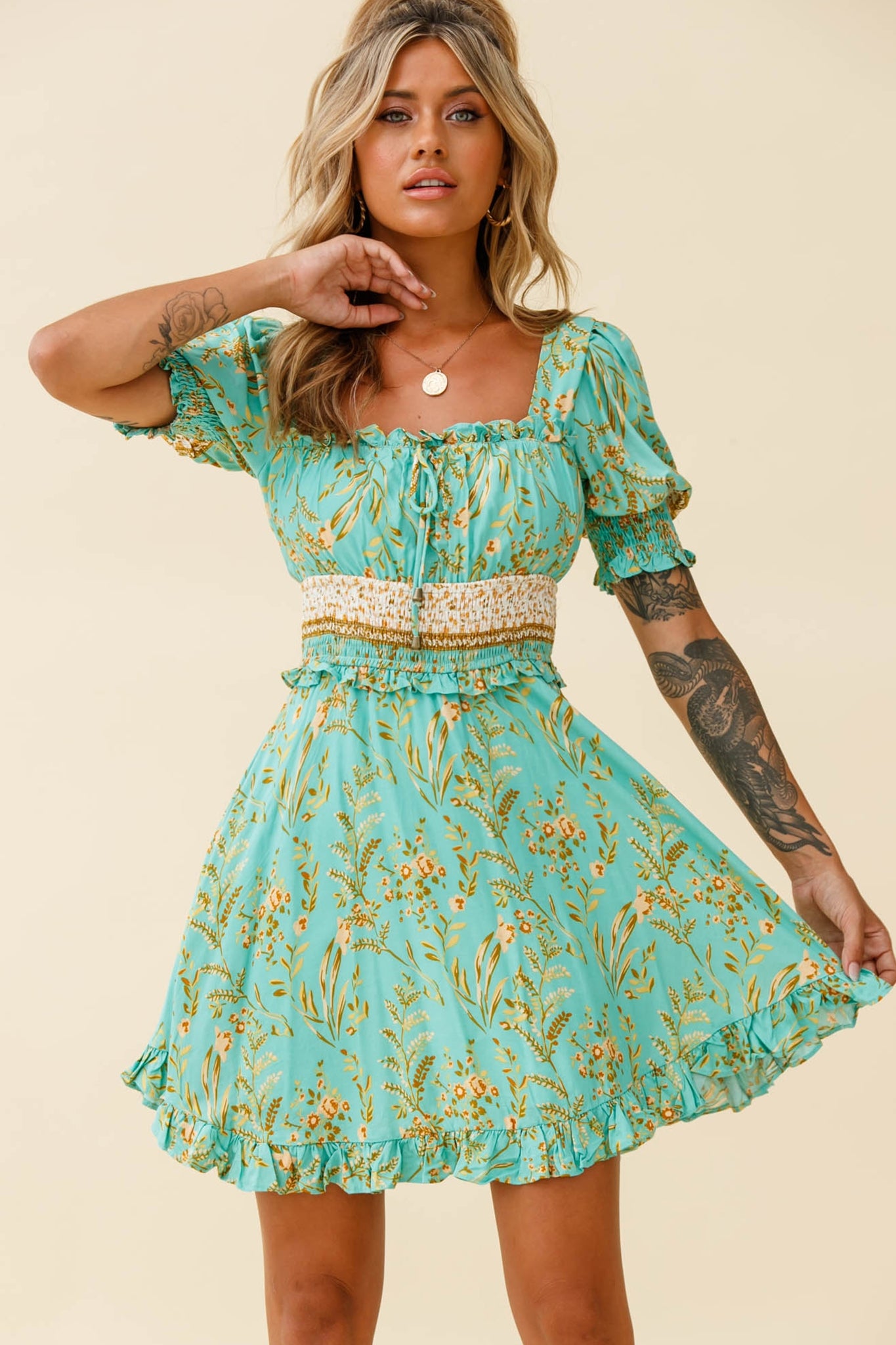 Summer In Paris Puff Sleeve Open Back Dress Botanical Print Mint-Maymioy