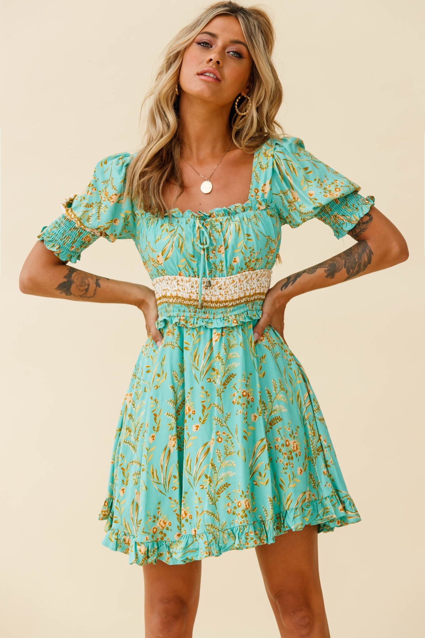 Summer In Paris Puff Sleeve Open Back Dress Botanical Print Mint-Maymioy