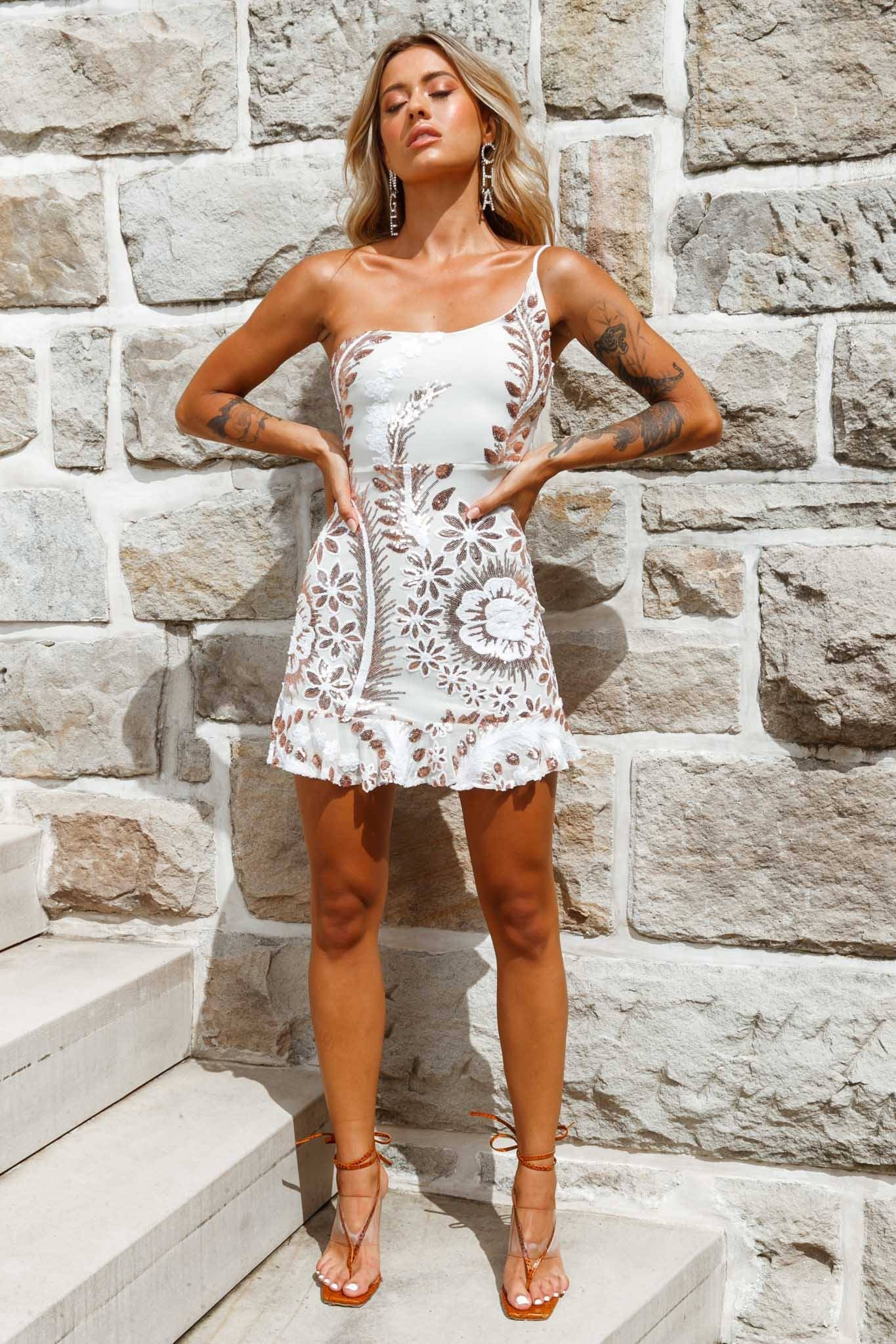 Don't Wait Up One Shoulder Sequin Dress White/Gold-Maymioy