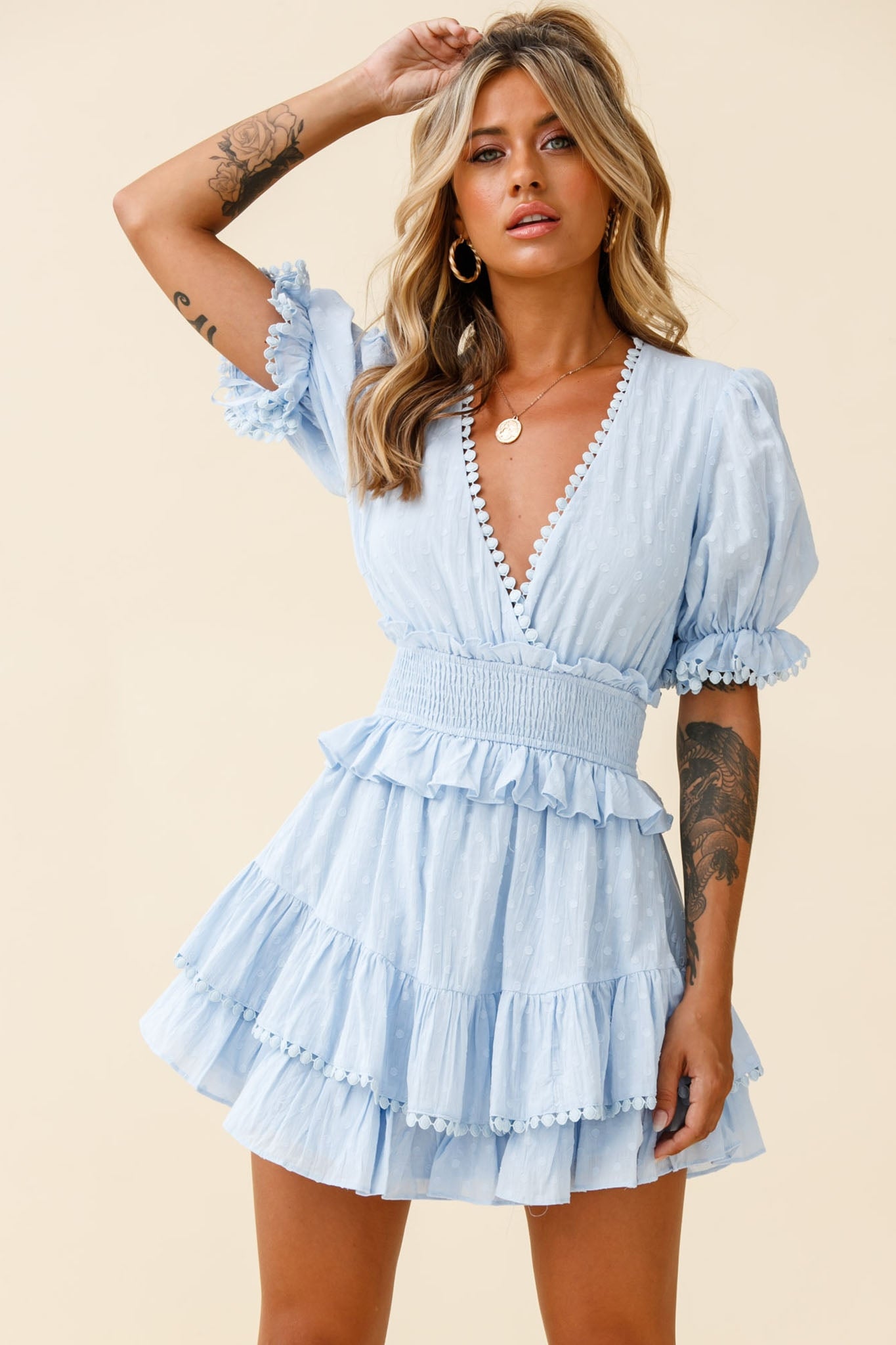Nerissa Puff Sleeve Shirred Waist Dress Spotty Blue-Maymioy