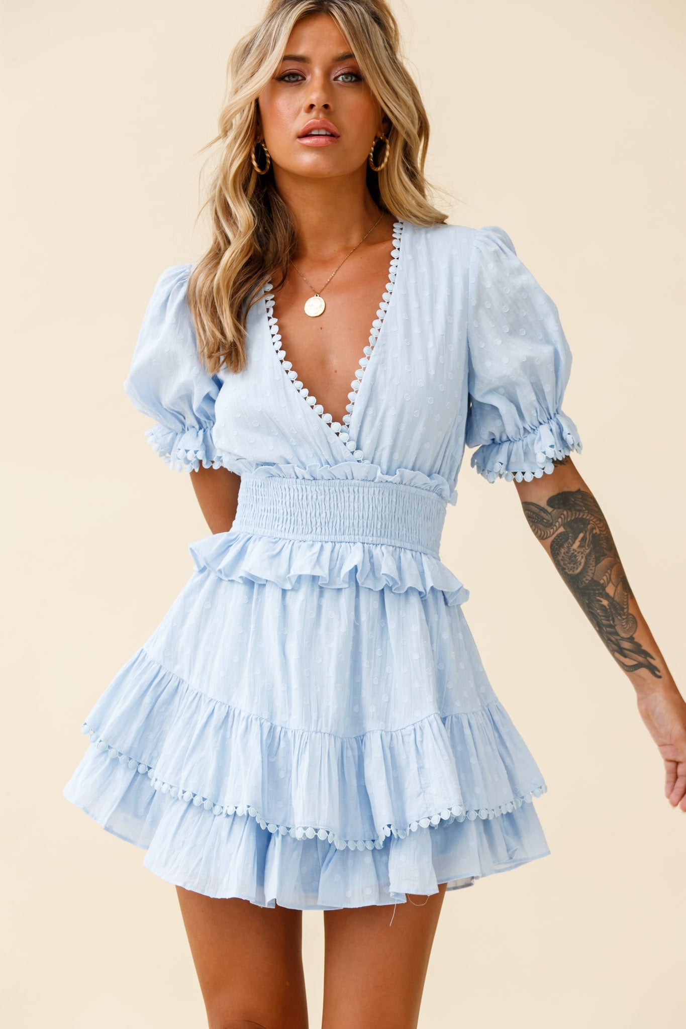 Nerissa Puff Sleeve Shirred Waist Dress Spotty Blue-Maymioy