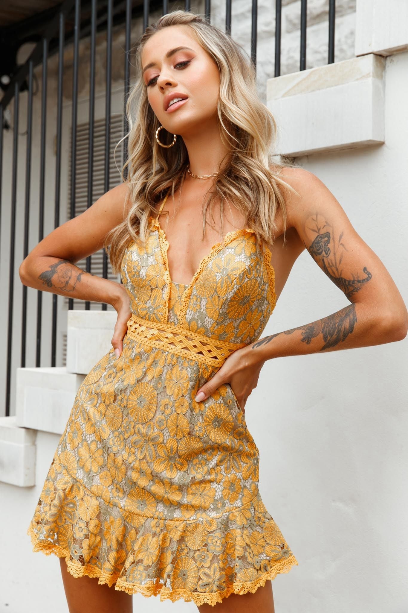 Illona Lace Overlay Criss-Cross Back Dress Mustard/Olive-Maymioy