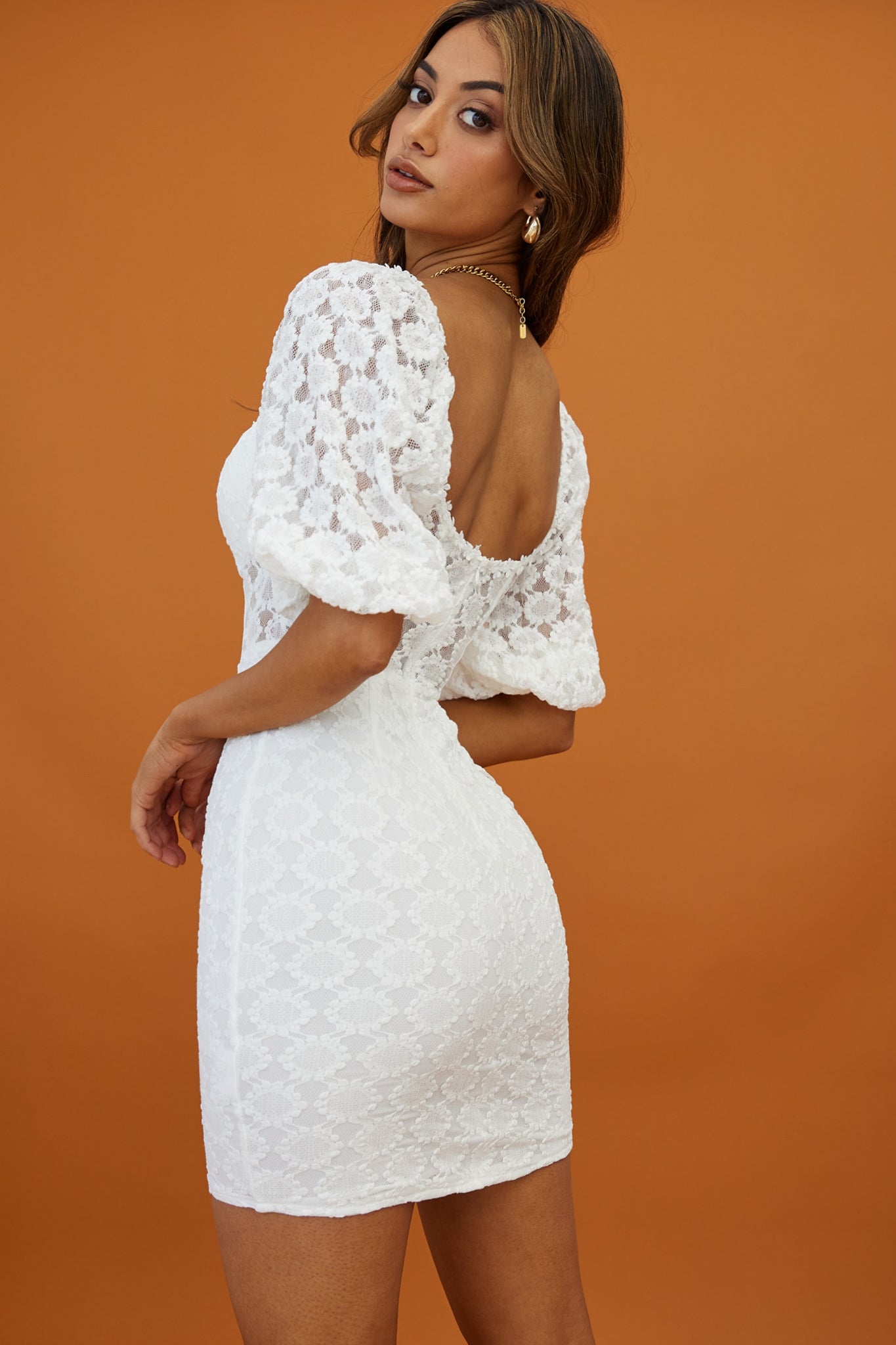 Secret Crush Puff Sleeve Floral Lace Bodycon Dress White-Maymioy