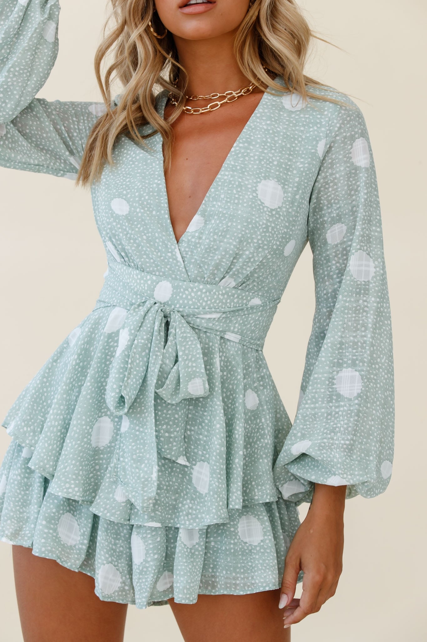 Maddox Fit & Flare Long Sleeve Romper Polka Dot Print Green-Maymioy