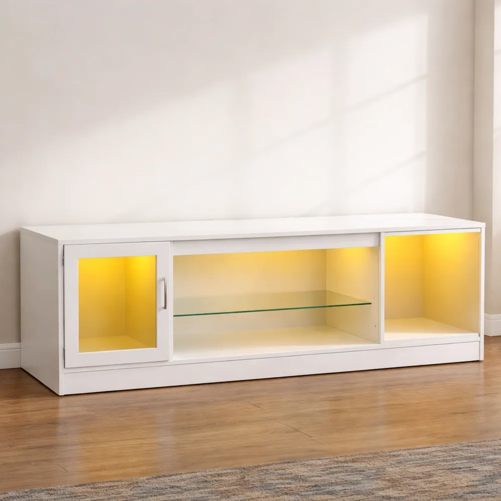 Meuble TV 148 cm avec Éclairage LED RGB, Étagères Réglables, Convient pour Téléviseurs jusqu'à 65 Pouces