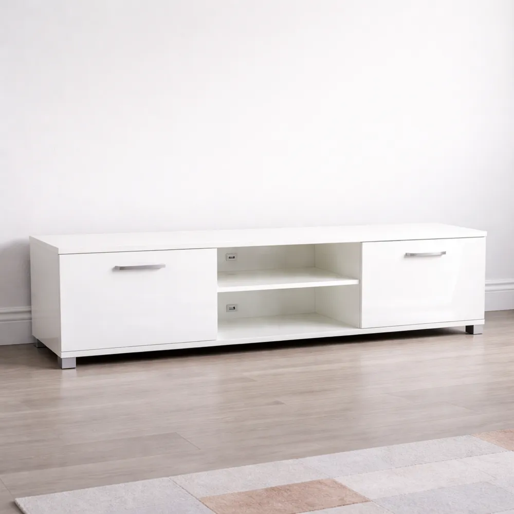 Meuble TV Moderne 2 Portes Blanc Brillant 160 cm