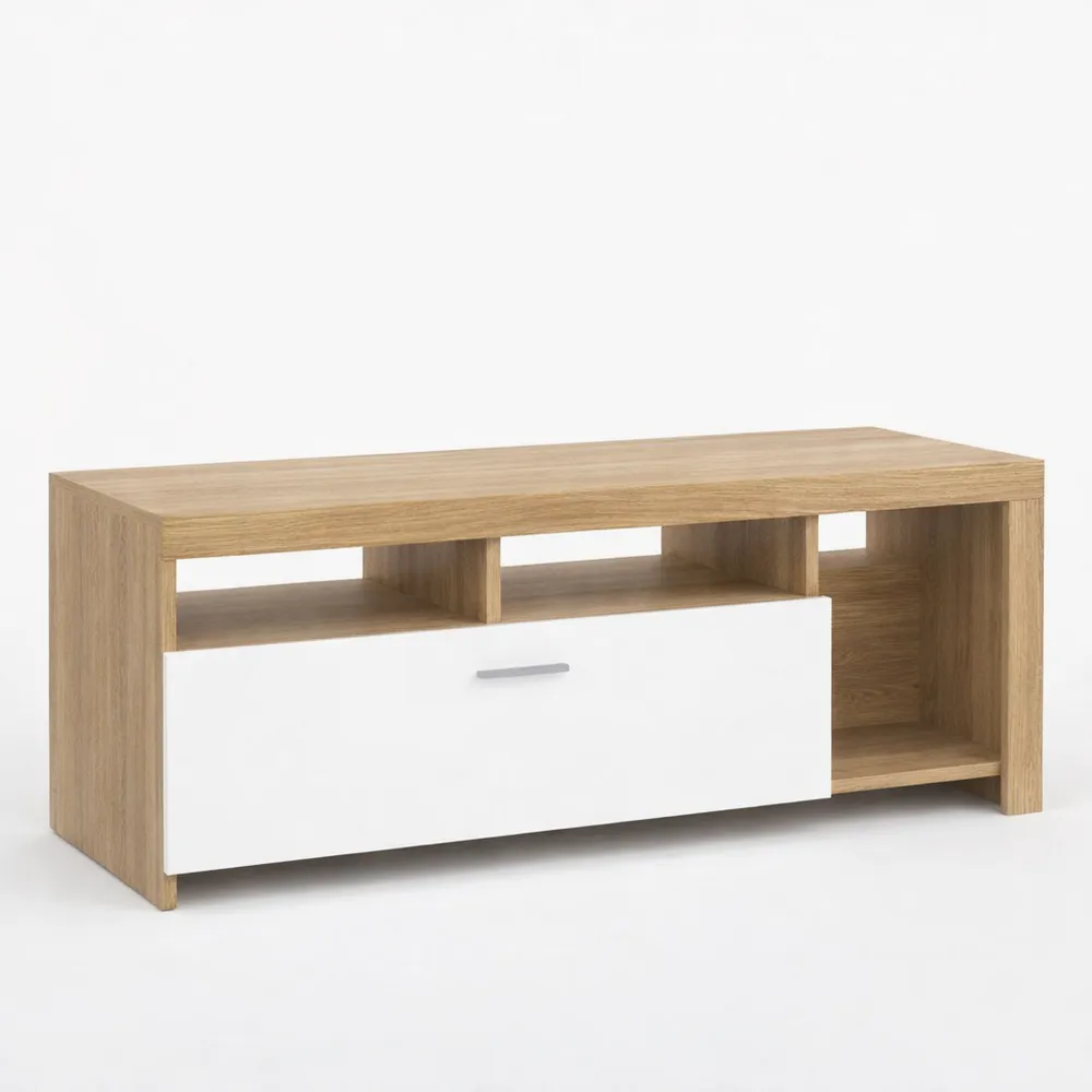 Meuble TV 110 cm en Bois avec Placard Blanc