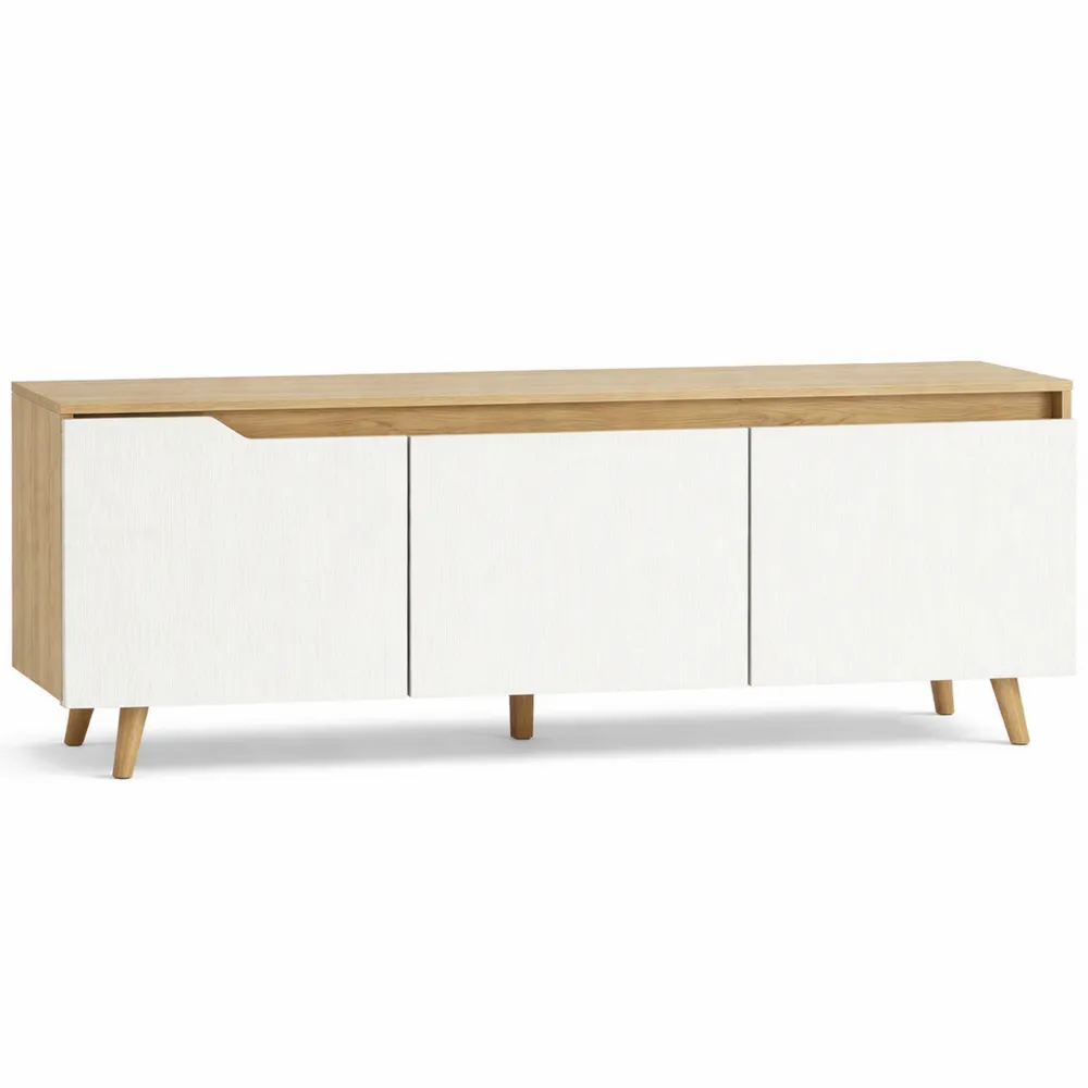 Meuble TV avec étagère réglable et passe-câbles, chêne et blanc