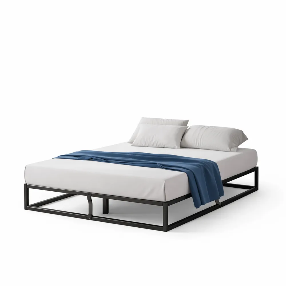 Sommier 180x200 cm avec Lattes en Bois - Cadre de Lit King Size Métal Noir - Hauteur 25 cm pour Rangement Facile