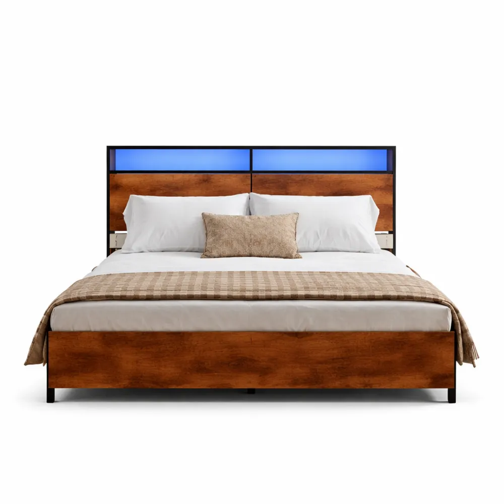 Lit double en métal 140x190 avec LED et ports USB