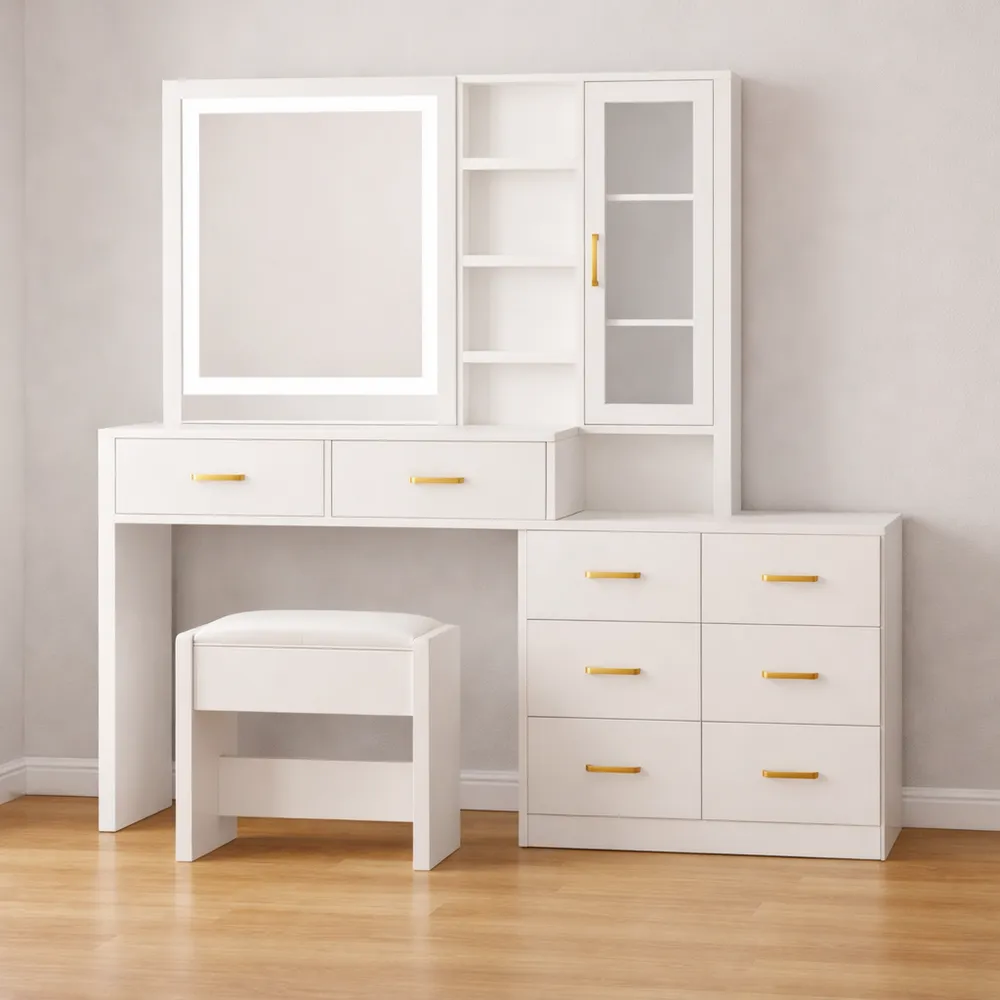 Coiffeuse Moderne avec Éclairage LED et Prises, 8 Tiroirs, 3 Étagères Ouvertes, Blanc, 140x131x40cm