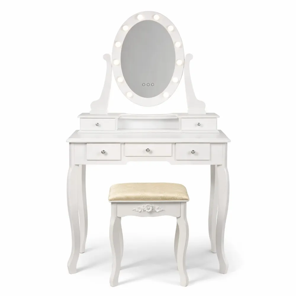 Table de Maquillage Blanche avec Miroir LED et Tabouret, 5 Tiroirs, 80x129x40 cm