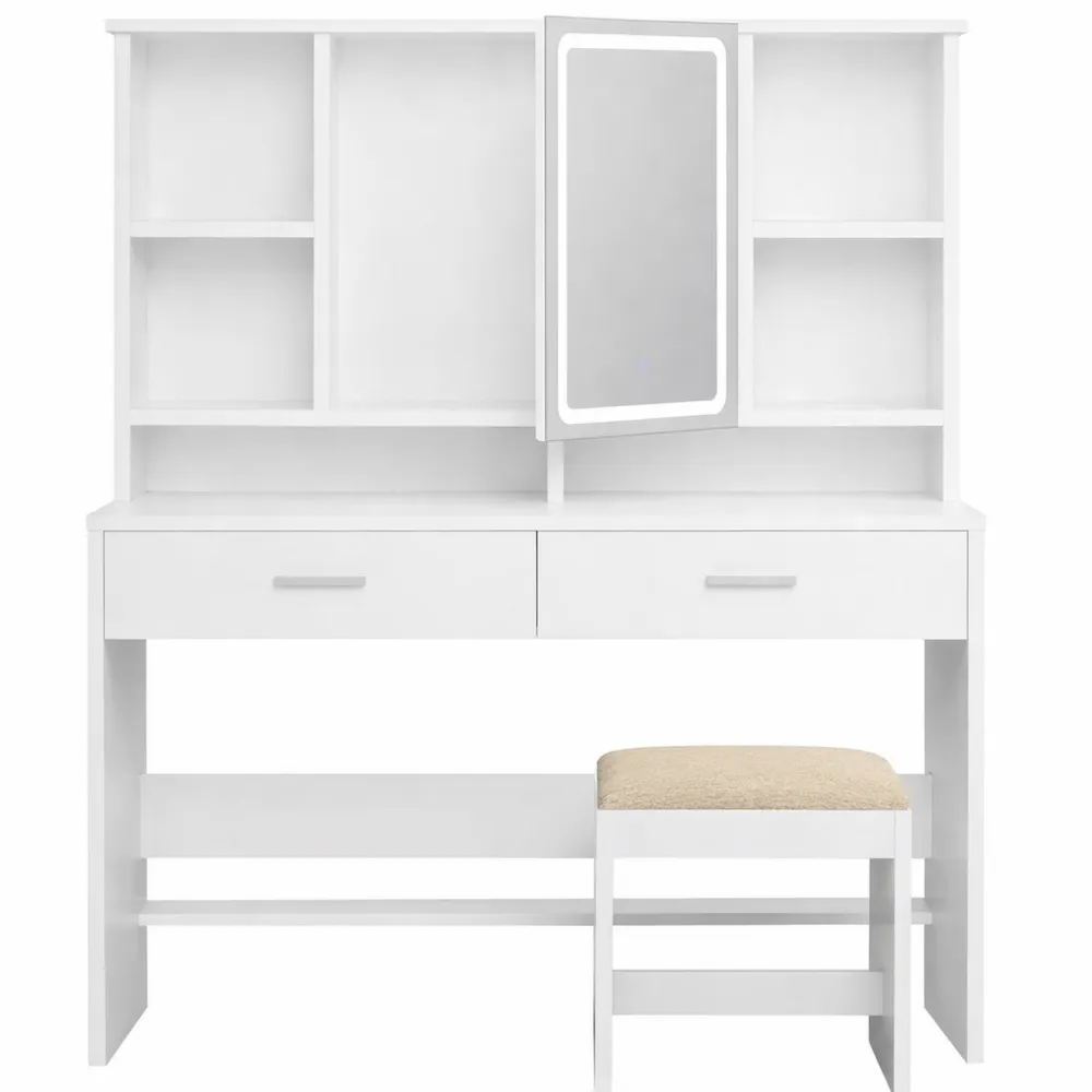 Table de Toilette Moderne avec Miroir Éclairé et Tabouret, Crochets à Bijoux et Étagères Réglables