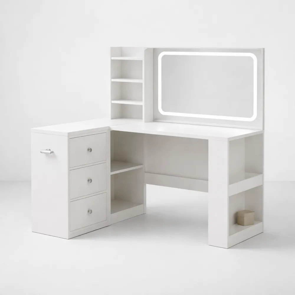 Table de maquillage d'angle avec miroir et prise, éclairage LED ajustable, 3 tiroirs et 7 étagères, moderne et fonctionnelle