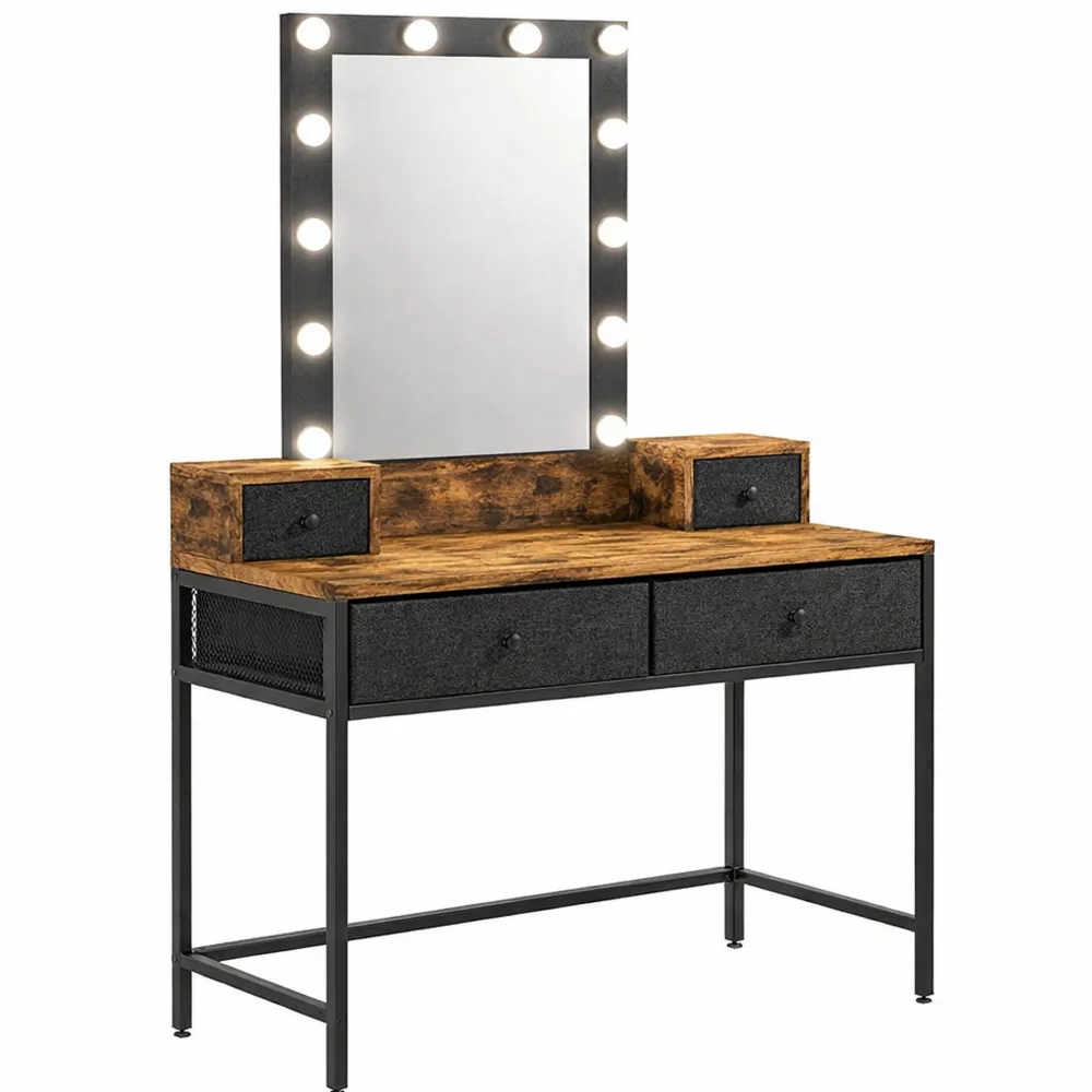 Table de Maquillage Industrielle avec Miroir LED et Tiroirs en Tissu