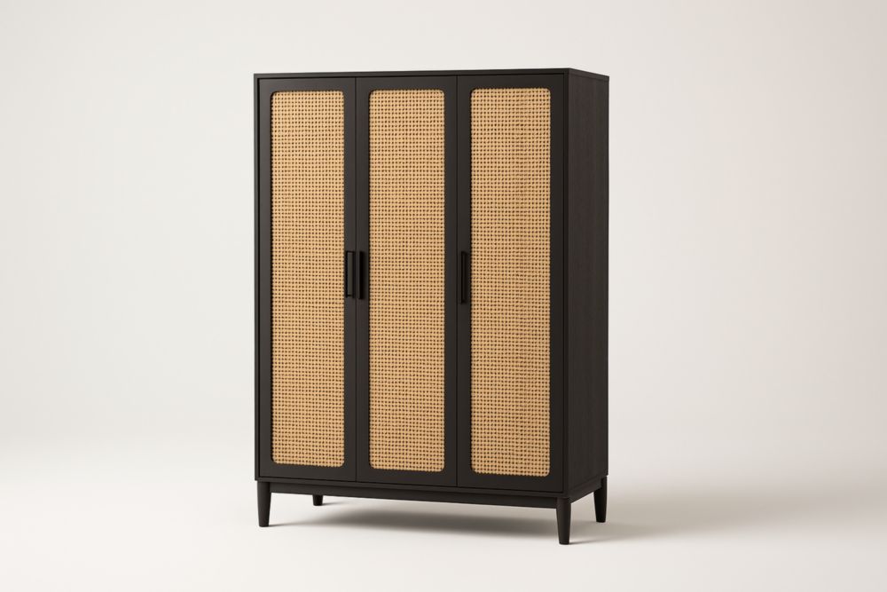 Armadio a Tre Ante in Legno e Rattan Nero/Naturale