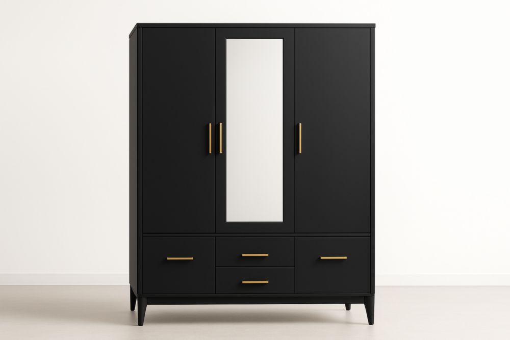 Armadio in Legno Nero con Specchio e Maniglie Dorate