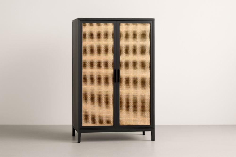 Armadio in Legno e Paglia di Vienna Nero 180x90x45 cm