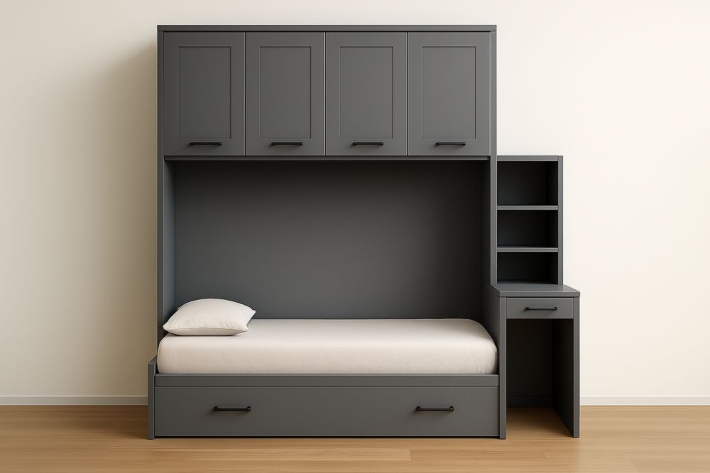 Letto singolo con armadio e scrivania in legno MDF grigio scuro, completo di set da camera