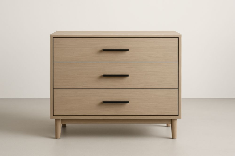 Cassettiera a tre cassetti in rovere con maniglie in acciaio