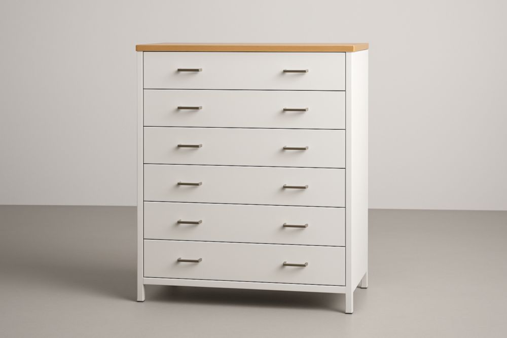 Cassettiera 6 Cassetti in Legno MDF e Metallo Bianco e Naturale