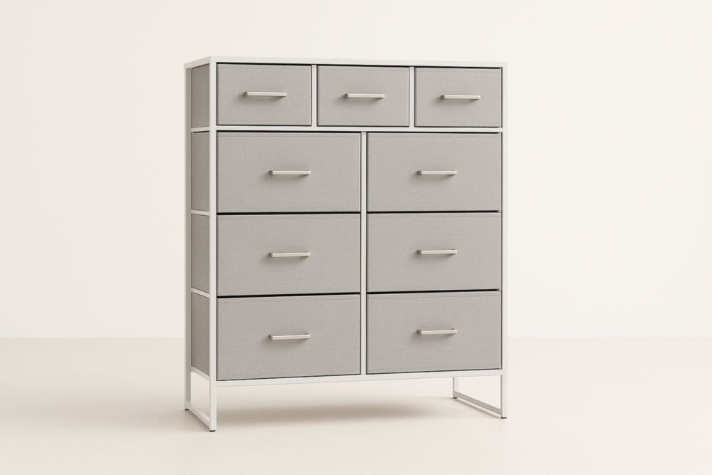 Cassettiera con 9 Cassetti in Tessuto Grigio e Struttura in Metallo