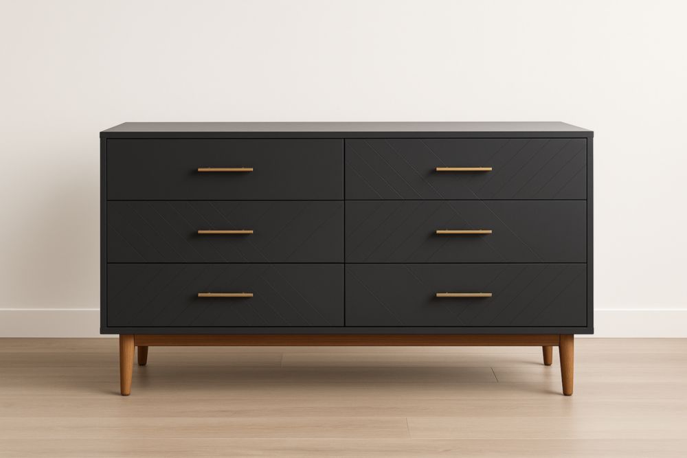 Cassettiera con 6 Cassetti Nero con Dettagli in Ottone, MDF e Legno Massello