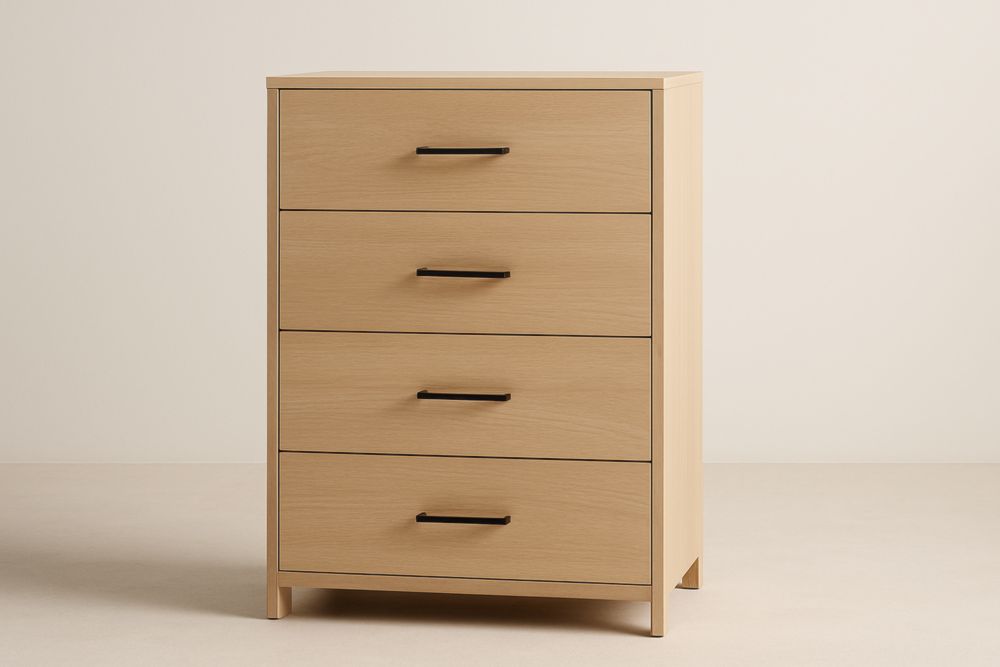 Cassettiera in Legno Chiaro con 4 Cassetti e Maniglie in Metallo