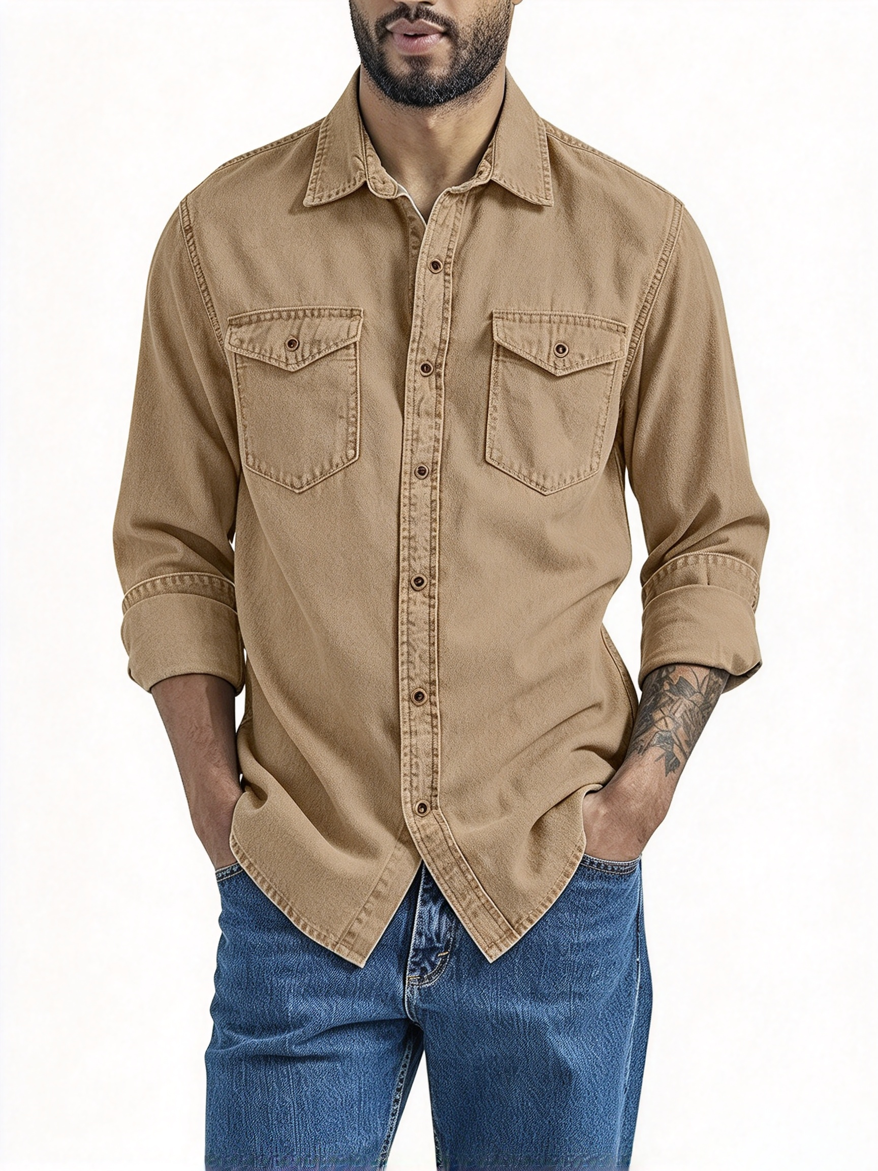 Men's Light Wash Denim Shirt | Classic Long Sleeve Button Down