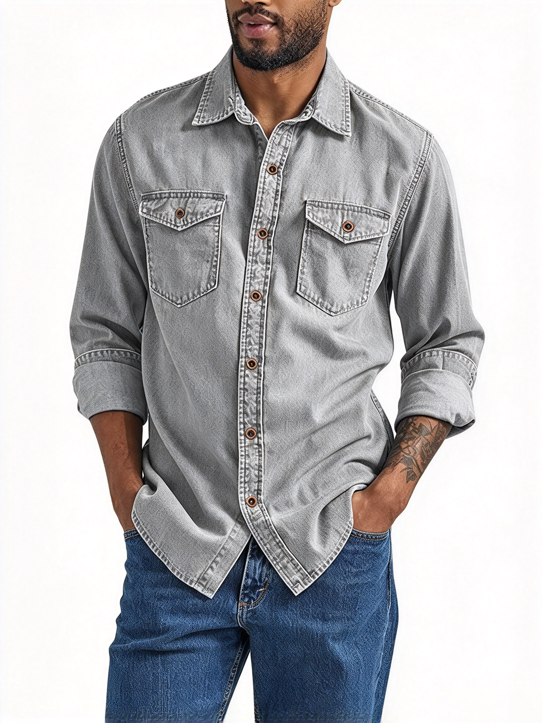 Men's Light Wash Denim Shirt | Classic Long Sleeve Button Down