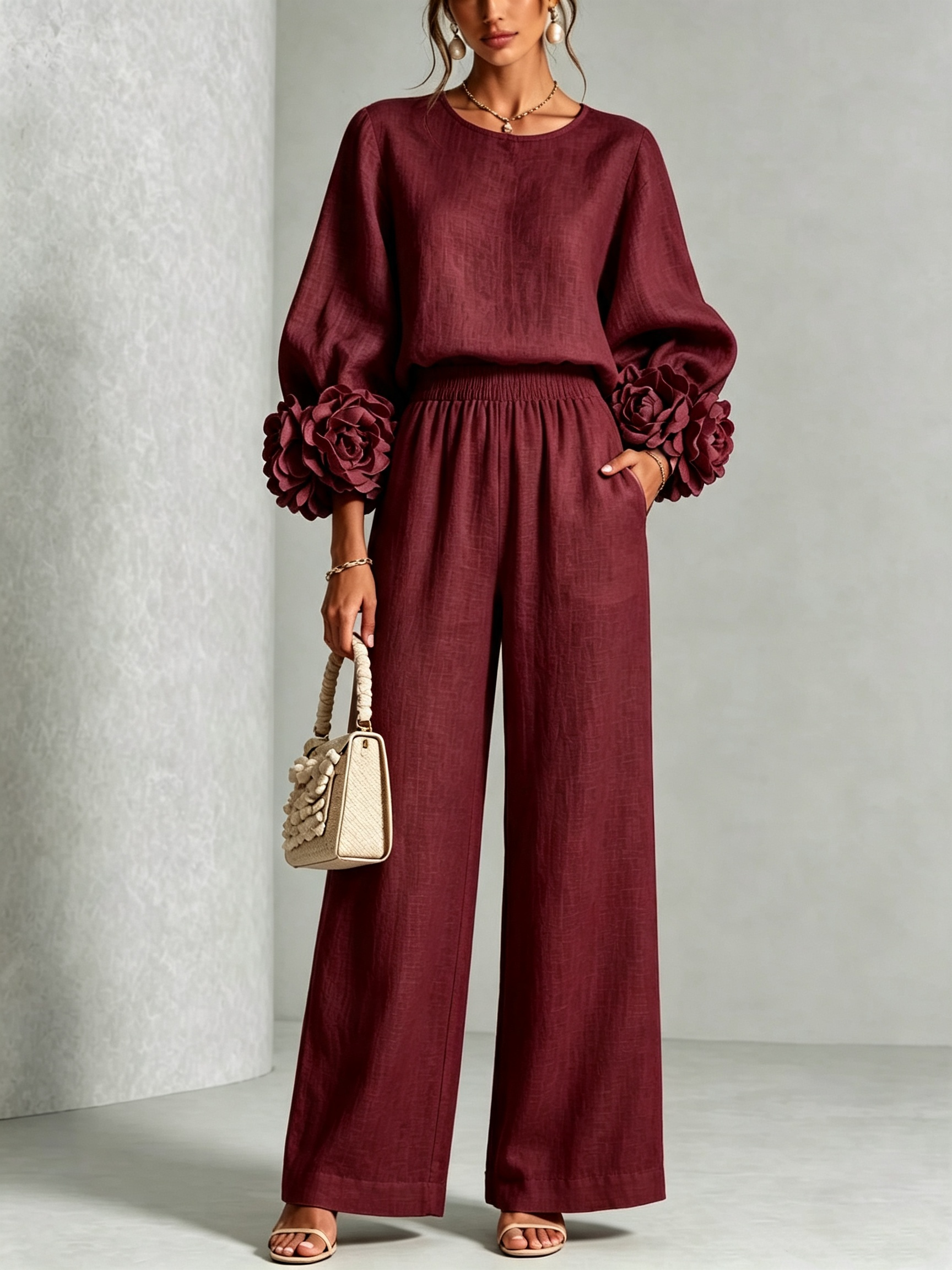 Women 3D Floral Cuff Linen Two‑Piece Outfit, Long Sleeve Blouse & Elastic Waist Wide Leg Pants Set